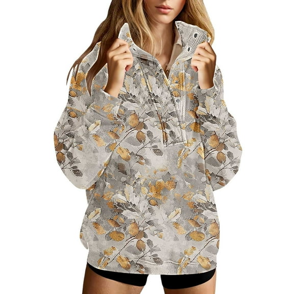 MaFYtyTPR Women's Sweatshirts Trendy 2025 Fall Ladies Long Sleeve Stand Collar Button Pullover Sweatshirt Tops Khaki L