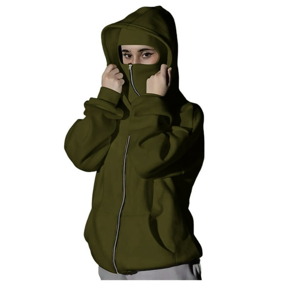 MaFYtyTPR Women's Sweatshirts with Mask Fashion Balaclava Hoodie Zip Up Jacket Double Hooded Sweatshirt Hoodie Wind Coat Army Green L