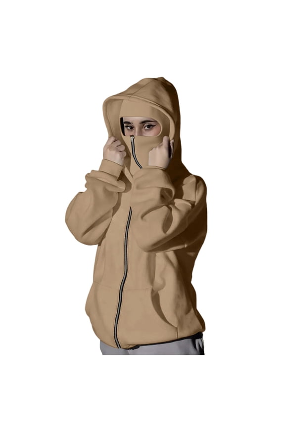 Women's Sweatshirts with Mask Fashion Balaclava Hoodie Zip Up Jacket Double Hooded Sweatshirt Hoodie Wind Coat Khaki M