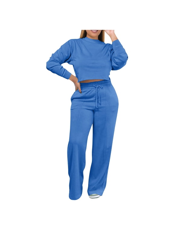Women's Sweatsuits 2PC Fashion and Leisure Thick Fall Winter Solid Color Crew Neck Long Sleeve Sweatshirts Pants Sets
