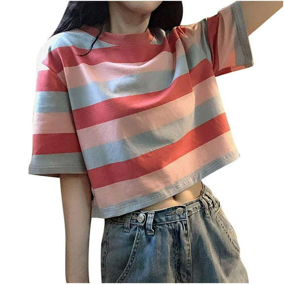 MaFYtyTPR Women's T-Shirts Casual Stripe Short Sleeve Summer Fashionable Loose Pullover Tops for Women Pink M