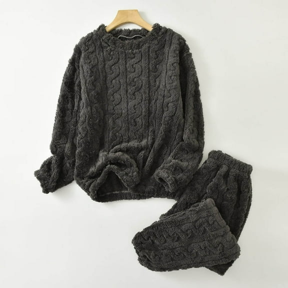 MaFYtyTPR Women's Thick Flannel Warm Pajama Set Solid Color Loose Thermal And Casual Pullover Home Clothes Pajama Suits A-Dark Gray Free Size