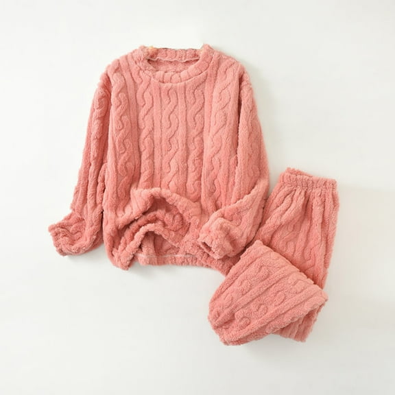 MaFYtyTPR Women's Thick Flannel Warm Pajama Set Solid Color Loose Thermal And Casual Pullover Home Clothes Pajama Suits A-Red Free Size