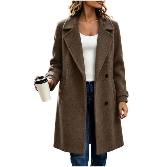 MaFYtyTPR Women's Thicken Wool Coat Lapel Collar Button Down Mid-Length Casual Solid Outerwear with Pockets Z-Khaki M