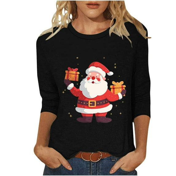 MaFYtyTPR Women's Tops for Christmas Fashion Ladies Christmas Printed Round Neck 3/4 Sleeve Loose Pullover Casual Blouse Red M