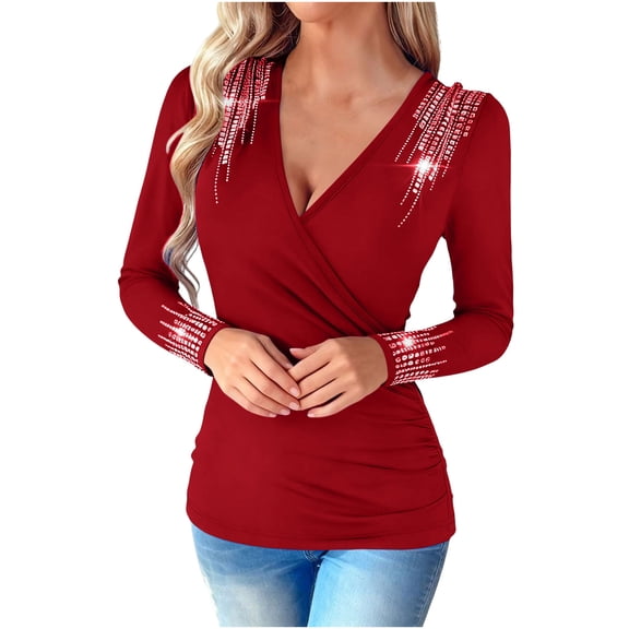 MaFYtyTPR Women's Tops with Rhinestone Fashion Solid Color Ladies V-Neck Long Sleeve Casual Pleated Blouse Red XL