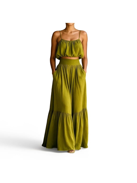 Women's Two Piece Maxi Sundress Sets Spaghetti Strap Crop Top Tiered Vacation Dress with Pockets for Summer A-Army Green L