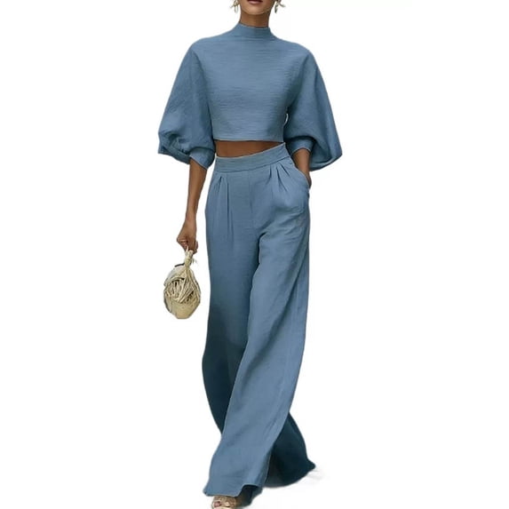 MaFYtyTPR Women's Two Piece Outfits Puff Sleeve Crop Top And Wide Leg Pants Set for Casual Daily Wear A-Sky Blue S