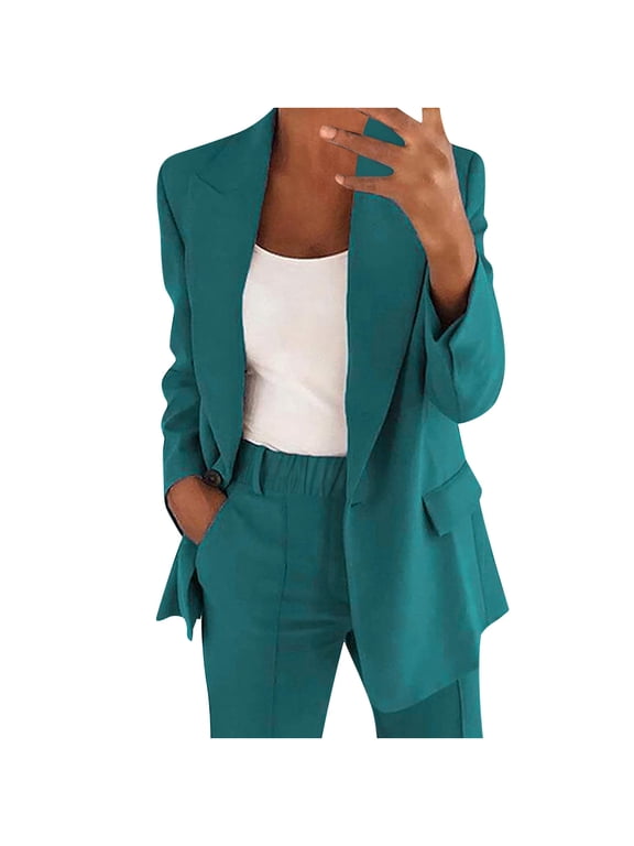 Women's Two Piece Outfits Solid Color Open Front Button Blazer Jackets High Waisted Straight Leg Pants Suits Plus Size Business Work Office Suit Sets S-5XL
