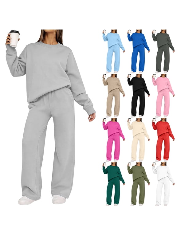 Women's Two Piece Sweatsuits Casual Long Sleeved Crewneck Sweatshirt and Wide Leg Sweatpants with Pockets Fall Winter Lounge Outfits Z-Black L