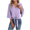 thumbnail image 1 of MaFYtyTPR Women's V-Neck 3/4 Sleeve Blouse Fashion Solid Color Tie Front Burtton Loose Fit Casual Summer Tops A-Purple M, 1 of 5