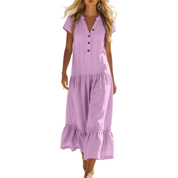 MaFYtyTPR Women’s V-Neck Button Dress Solid Color Front Tiered Maxi Short Sleeve Casual Loose Dresses for Daily Wear Z-Pink M