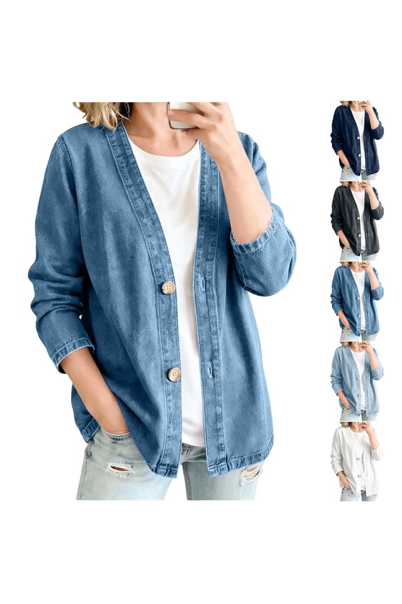Women's V Neck Denim Cardigan Tops Solid Color Long Sleeve Button Open Front Jacket with Side Pockets For Four Seasons A-Black L