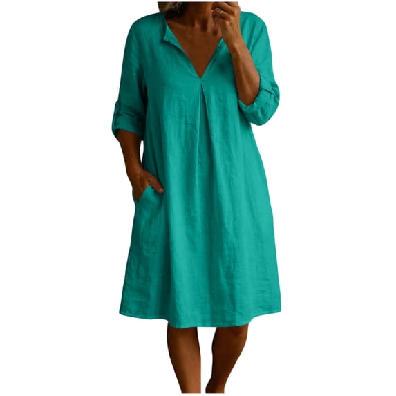 MaFYtyTPR Women's V-Neck Linen Shirt Dress Solid Colr Long Sleeve Loose Fit Casual Mini Dresses with Pockets for Daily Wear A-Green XL