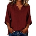 thumbnail image 1 of MaFYtyTPR Women's V-Neck Linen Top 3/4 Sleeve Collarless Casual Blouse Solid Loose Fit Three-Quarter Sleeve T-shirt for Daily Wear A-Wine M, 1 of 6