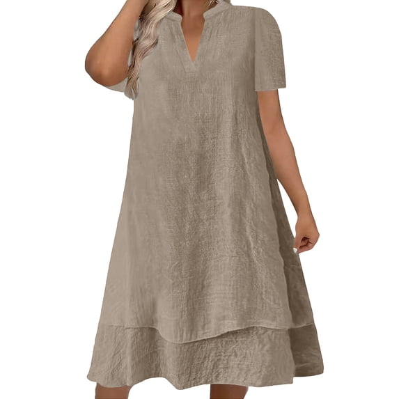 MaFYtyTPR Women's V-Neck Loose Dress Summer Solid Color Short Sleeve Casual Tiered A-shaped Waist Dresses A-Khaki L