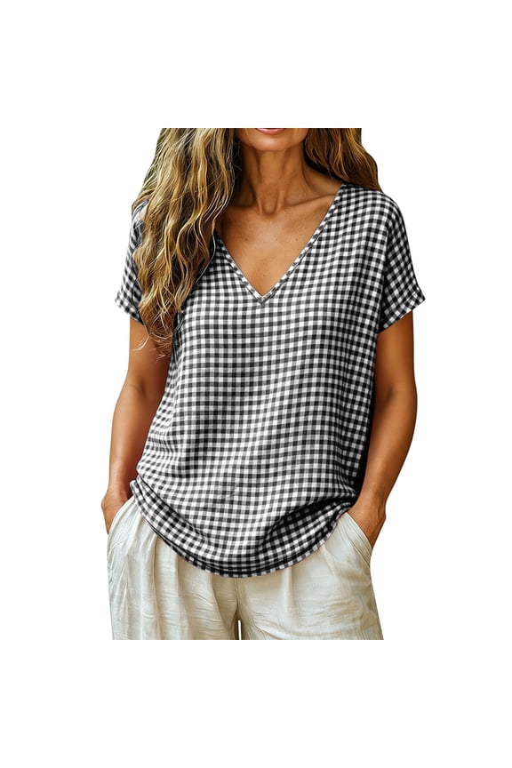 Women's V-Neck Plaid Blouse Solid Short Sleeve Loose Fit Checkered Tops for Summer Daily Casual Wear Black S
