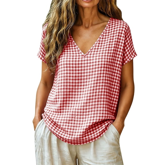 MaFYtyTPR Women's V-Neck Plaid Blouse Solid Short Sleeve Loose Fit Checkered Tops for Summer Daily Casual Wear Red M