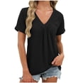 thumbnail image 1 of MaFYtyTPR Women's V-Neck Pleated Tops Casual Fashion Solid Color Summer Short Sleeve Loose Comfy Blouse Black L, 1 of 5