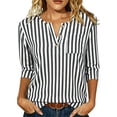 thumbnail image 1 of MaFYtyTPR Women's V-Neck Striped 3/4 Sleeve Tops Casual Relaxed Button Blouse for Spring Summer Daily Wear Black L, 1 of 6