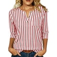 thumbnail image 1 of MaFYtyTPR Women's V-Neck Striped 3/4 Sleeve Tops Casual Relaxed Button Blouse for Spring Summer Daily Wear Red M, 1 of 6