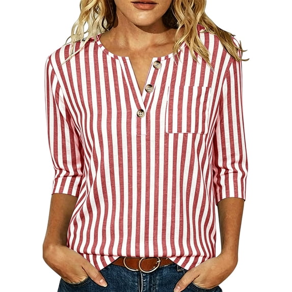 MaFYtyTPR Women's V-Neck Striped 3/4 Sleeve Tops Casual Relaxed Button Blouse for Spring Summer Daily Wear Red M