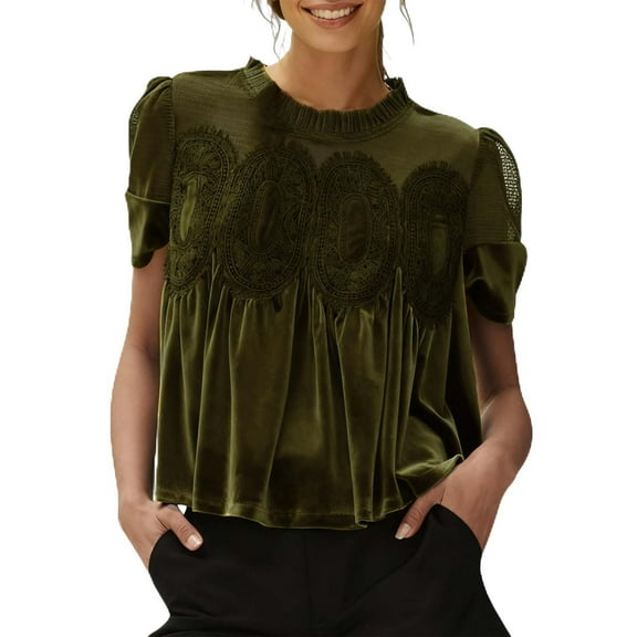 MaFYtyTPR Women's Velvet Shirts Round Neck Short Sleeved Casual Lace Shirt Elegant Trumpet Shaped Swinging Top Army Green L