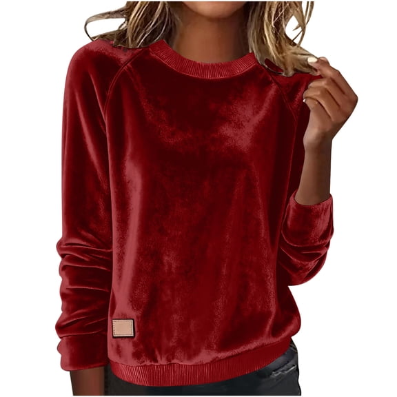 MaFYtyTPR Women's Velvet Sweatshirts Tops Casual Solid Color Long Sleeved Round Neck Loose Pullover Blouse Red M