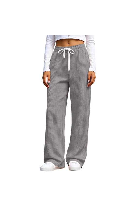 Women's Waffle Sweatpants Drawstring Elastic Waist Relaxed Wide Leg Pants with Pockets Loose Fit Lounge Trousers A-Gray S