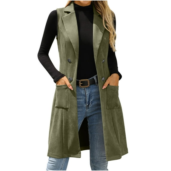 MaFYtyTPR Women's Waistcoat Coats Solid Color Fashionable Suede Suit Women Temperament Long Sleeveless Cardigan Jacket with Pocket Green S