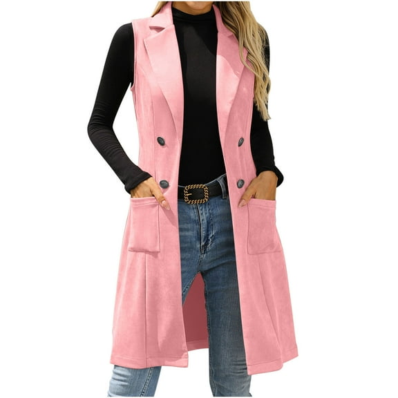 MaFYtyTPR Women's Waistcoat Coats Solid Color Fashionable Suede Suit Women Temperament Long Sleeveless Cardigan Jacket with Pocket Hot Pink L