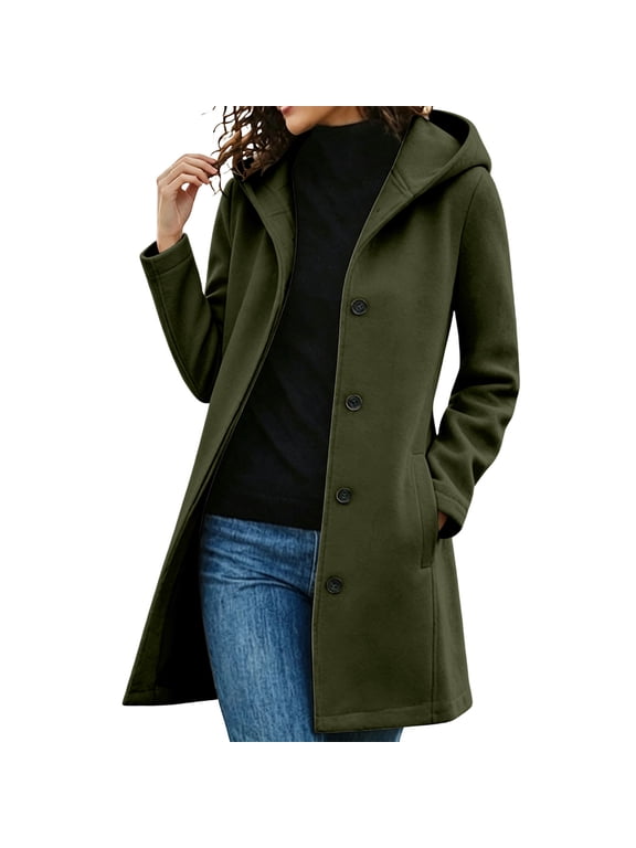 Women's Warm Wool Hooded Coat Mid Length Single Breasted Casual Winter Peacoat for Daily Wear A-Army Green L