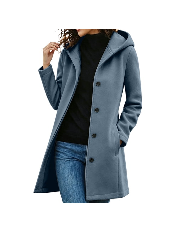 Women's Warm Wool Hooded Coat Mid Length Long Sleeve Casual Winter Outerwear for Daily Wear