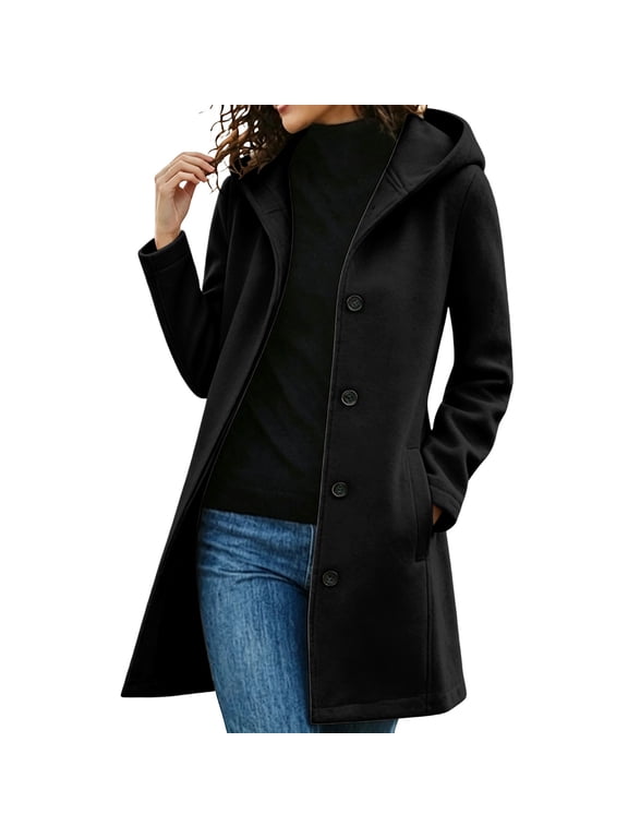 Women's Warm Wool Hooded Coat Mid Length Single Breasted Casual Winter Peacoat for Daily Wear A-Black S