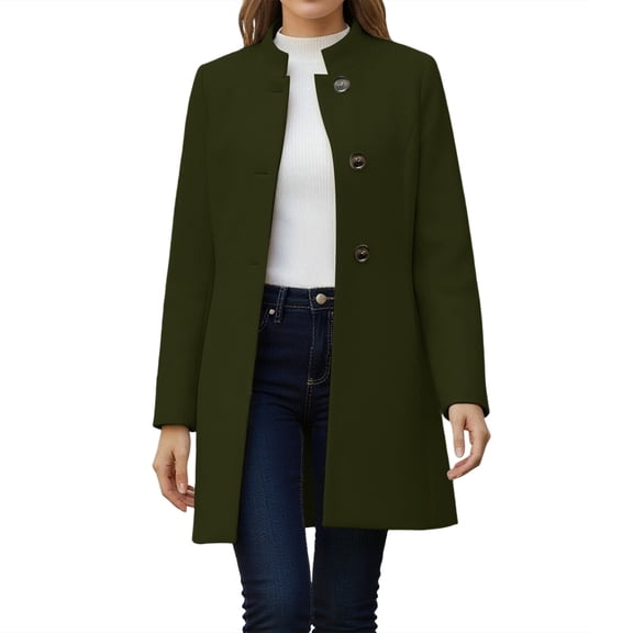 MaFYtyTPR Women's Winter Pea Coat Solid Casual Thicken Wool Stand Collar Inner Lining Pocket Breasted Outerwear Tops Army Green M