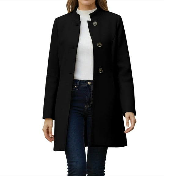 MaFYtyTPR Women's Winter Pea Coat Solid Casual Thicken Wool Stand Collar Inner Lining Pocket Breasted Outerwear Tops Black S