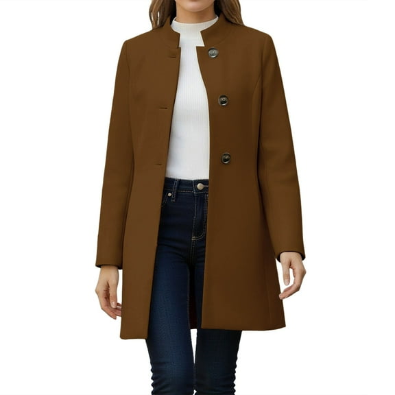 MaFYtyTPR Women's Winter Pea Coat Solid Casual Thicken Wool Stand Collar Inner Lining Pocket Breasted Outerwear Tops Brown L