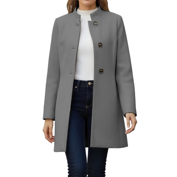 MaFYtyTPR Women's Winter Pea Coat Solid Casual Thicken Wool Stand Collar Inner Lining Pocket Breasted Outerwear Tops Gray XXL