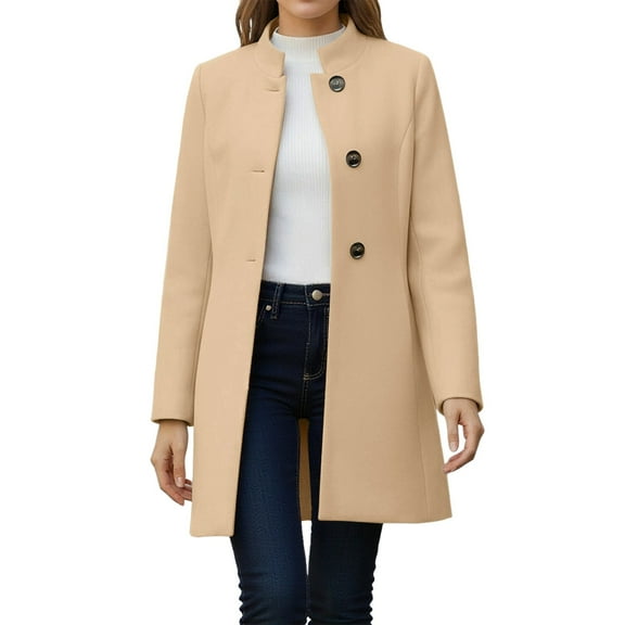 MaFYtyTPR Women's Winter Pea Coat Solid Casual Thicken Wool Stand Collar Inner Lining Pocket Breasted Outerwear Tops Khaki M