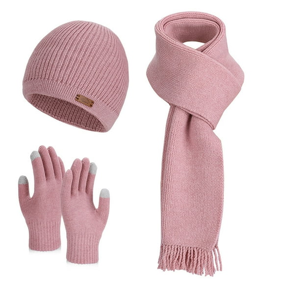 MaFYtyTPR Women's Winter Warm Three-piece Set Fashion Warm Solid Color Earmuffs Knitted Hat Wool Cap Hat Scarf Gloves 3PCs Sets Pink Free Size