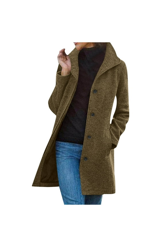 Women's Wool Coats Fall Winter Solid Casual Thicken Stand Collar Inner Lining Pocket Breasted Outwear Bronze XL