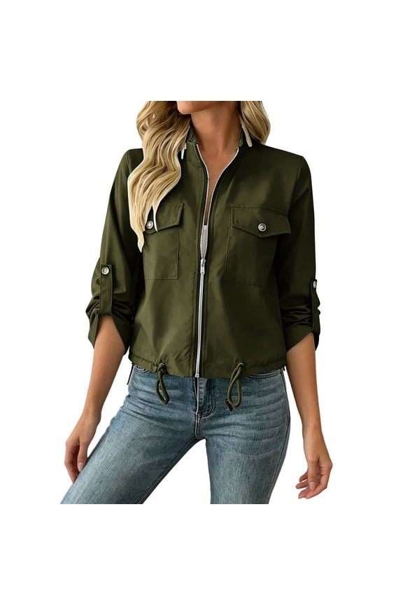Women's Zip Up Cropped Jacket Adjustable Drawstring Hem Long Sleeve Utility Outwear With Pockets For Fall Winter Daily Street Wear A-Army Green L