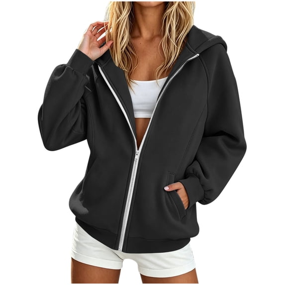 MaFYtyTPR Women's Zip Up Hoodies Solid Long Sleeve Drawstring Sweatshirt Jacket With Kangaroo Pocket for Fall Winter Black M