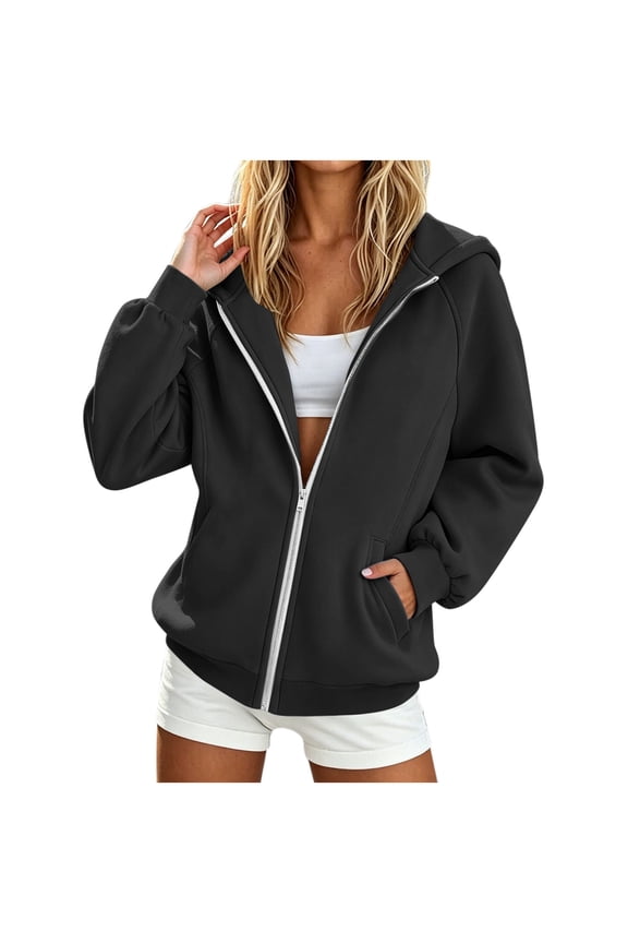 Women's Zip Up Hoodies Solid Long Sleeve Drawstring Sweatshirt Jacket With Kangaroo Pocket for Fall Winter Black XXL