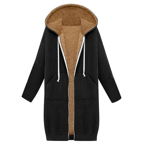 MaFYtyTPR Women's Zip up Coats Fashion Fleece Knee Length Casual Long Sleeve Comfy Hooded Jackets With Pocket Black L