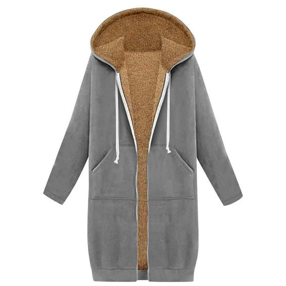 MaFYtyTPR Women's Zip up Coats Fashion Fleece Knee Length Casual Long Sleeve Comfy Hooded Jackets With Pocket Gray XL