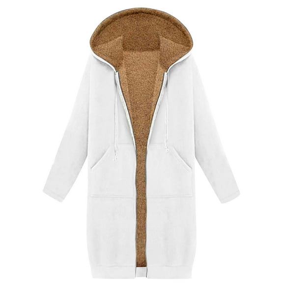 MaFYtyTPR Women's Zip up Coats Fashion Fleece Knee Length Casual Long Sleeve Comfy Hooded Jackets With Pocket White L