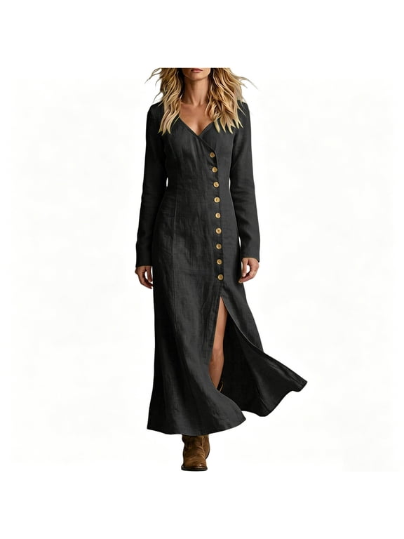 Womens Button Down Maxi Dress Long Sleeve Deep V Neck Slim Fit Long Dresses with High Side Slit for Fall Daily Wear A-Black XL