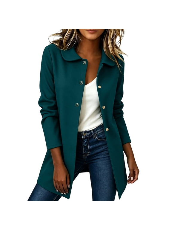 Womens Casual Jackets Peter Pan Collar Long Button Down Cardigan Coats with Pockets Fall Winter Warm Outerwear Green XXL