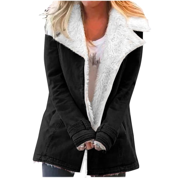 MaFYtyTPR Womens Fuzzy Fleece Coats Fashion Solid Color Lapel Zipper Casual Long Sleeves with Pockets Warm Cardigan Coat Tops Black L